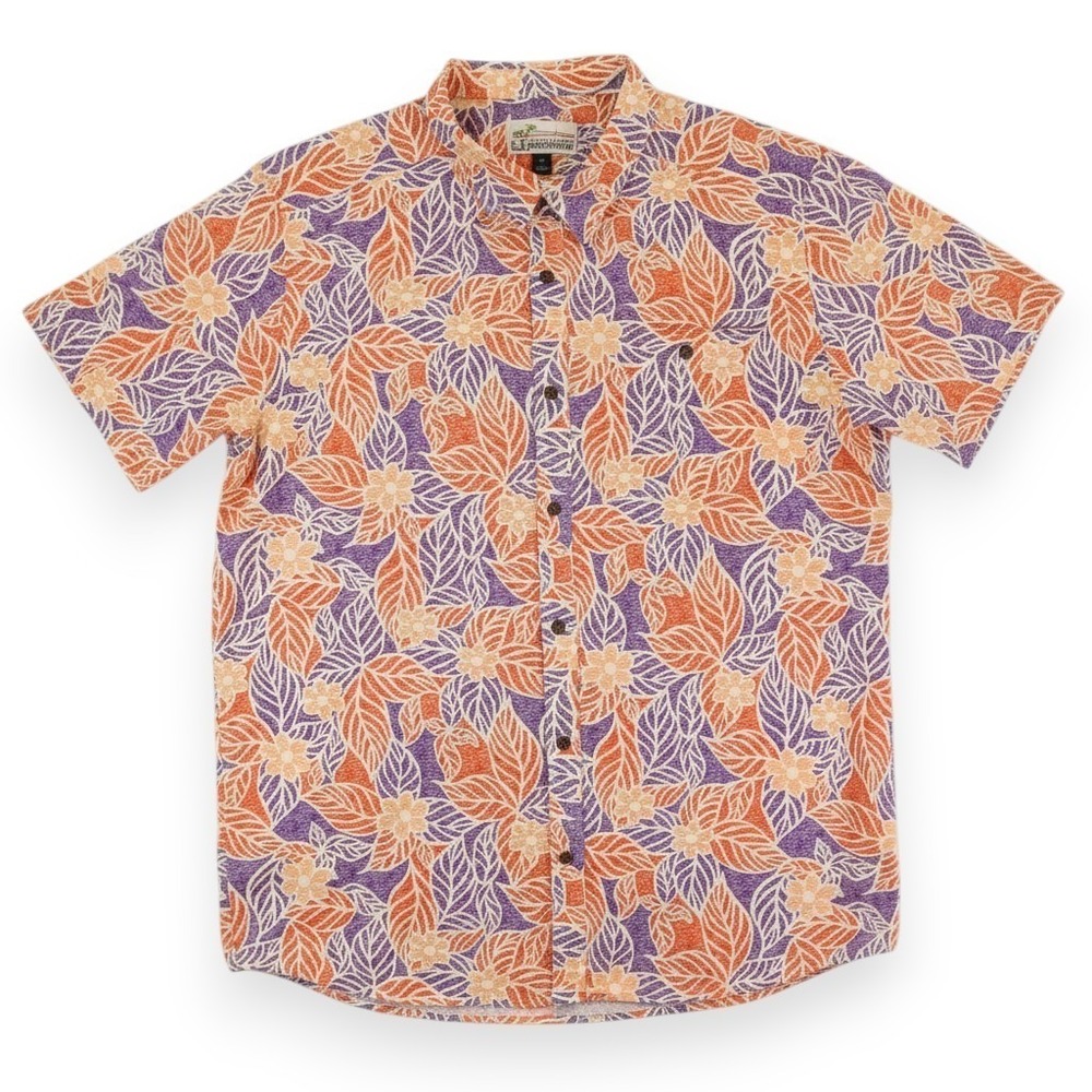 Pataloha Hawaiian Shirt Men's XL Purple Orange Floral Leaves Organic Cotton